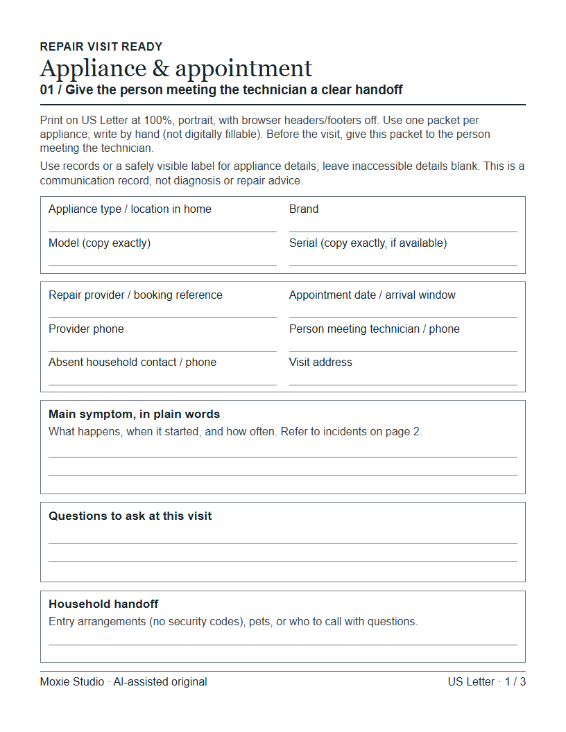 Actual appliance and appointment handoff page from Repair Visit Ready